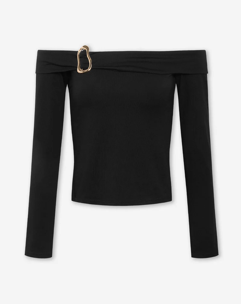 TAMAR OFF SHOULDER BUCKLE TOP ZWART