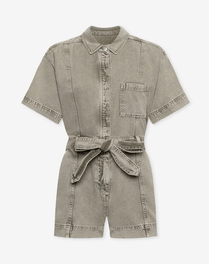 COLORED DENIM BELTED PLAYSUIT OLIJFGROEN