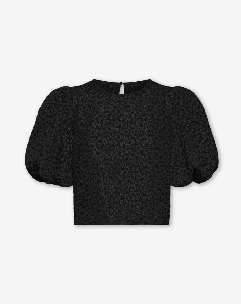 BETTY FLOWER JACQUARD PUFF SLEEVE TOP BLACK
