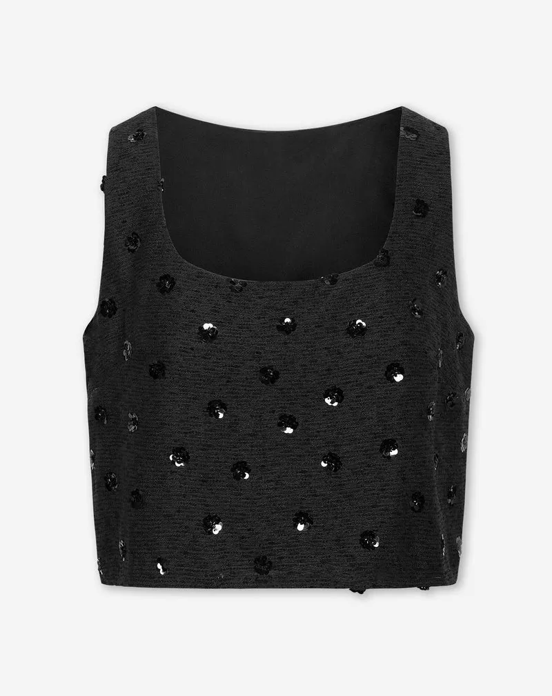 BUNNY FLOWER SEQUIN BOUCLE TOP ZWART