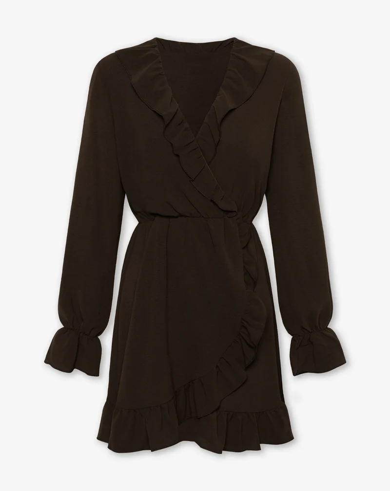 JULIE RUFFLE V-NECK WRAP DRESS CHOCOLADEBRUIN