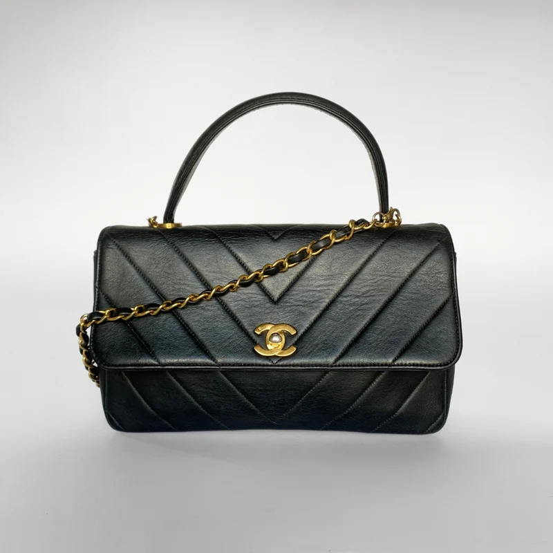 Chanel Coco-tas met handvat aan de bovenkant Chevron Lamsleer