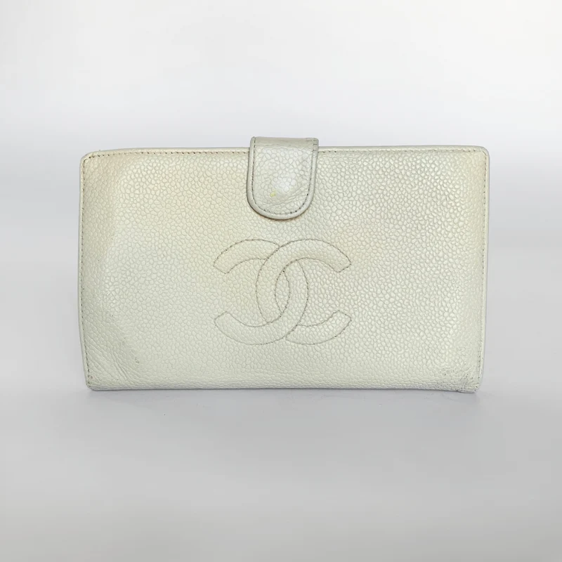 Chanel Caviar CC Franse lange portemonnee in wit
