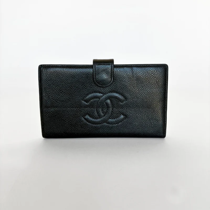 Chanel CC Franse lange portemonnee van zwart kaviaarleer