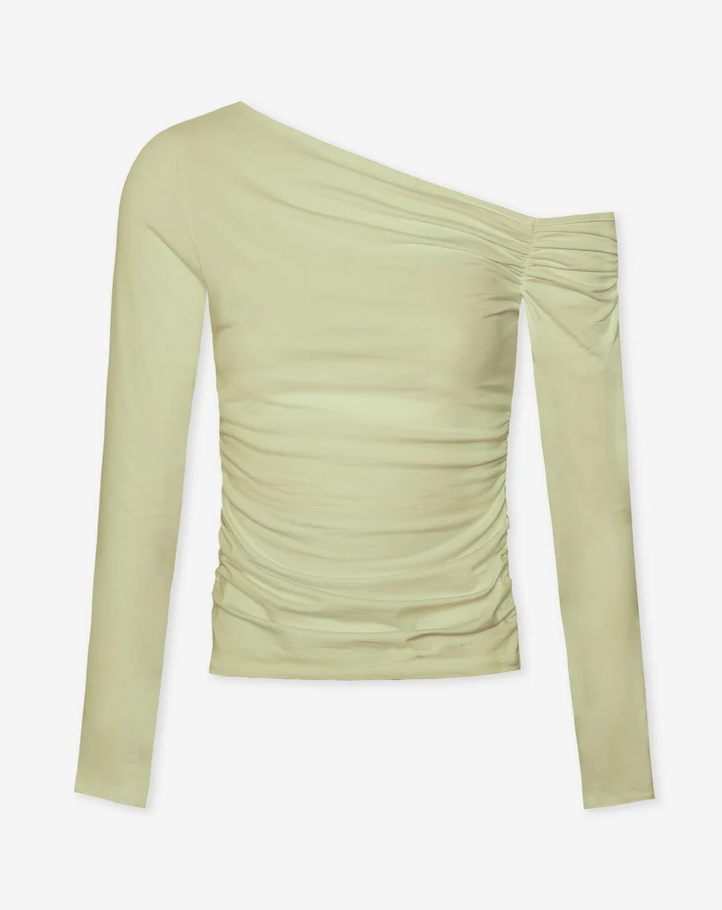 TAMAR OFF SHOULDER RUCHED TOP LICHT OLIJFGROEN