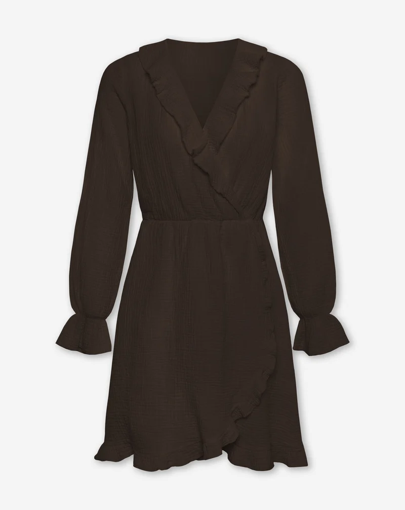 MOUSSELINE RUFFLE V-NECK WRAP DRESS BRUIN