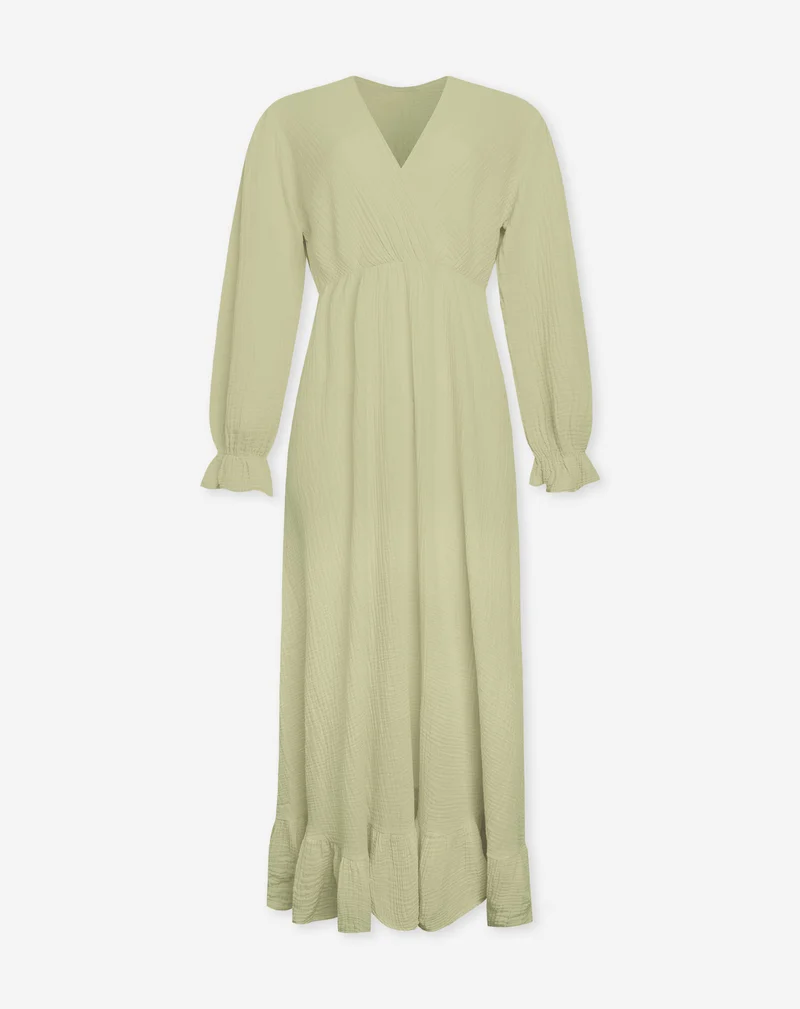 MOUSSELINE MAXI RUFFLE DRESS LICHT OLIJFGROEN
