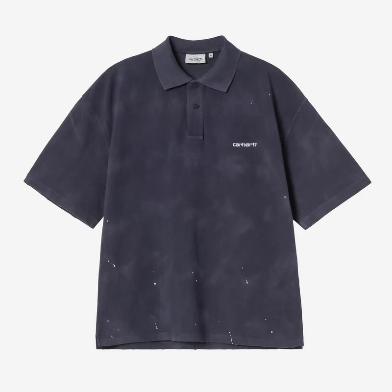 Carhartt WIP Polo shirt voor heren met schildersprint | Donkerblauw met 'destroy wash'-effect en spetters