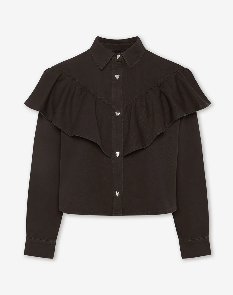 RUFFLE DENIM BLOUSE BRUIN