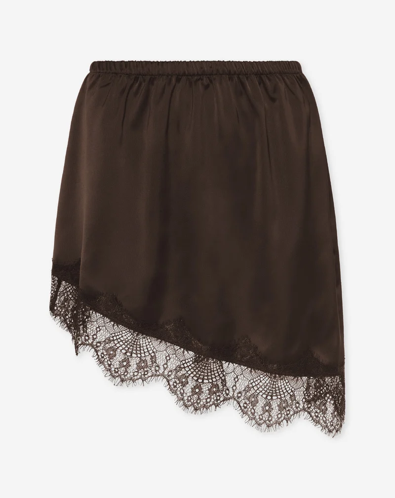 ASYMMETRIC SATIN LACE SKIRT BRUIN