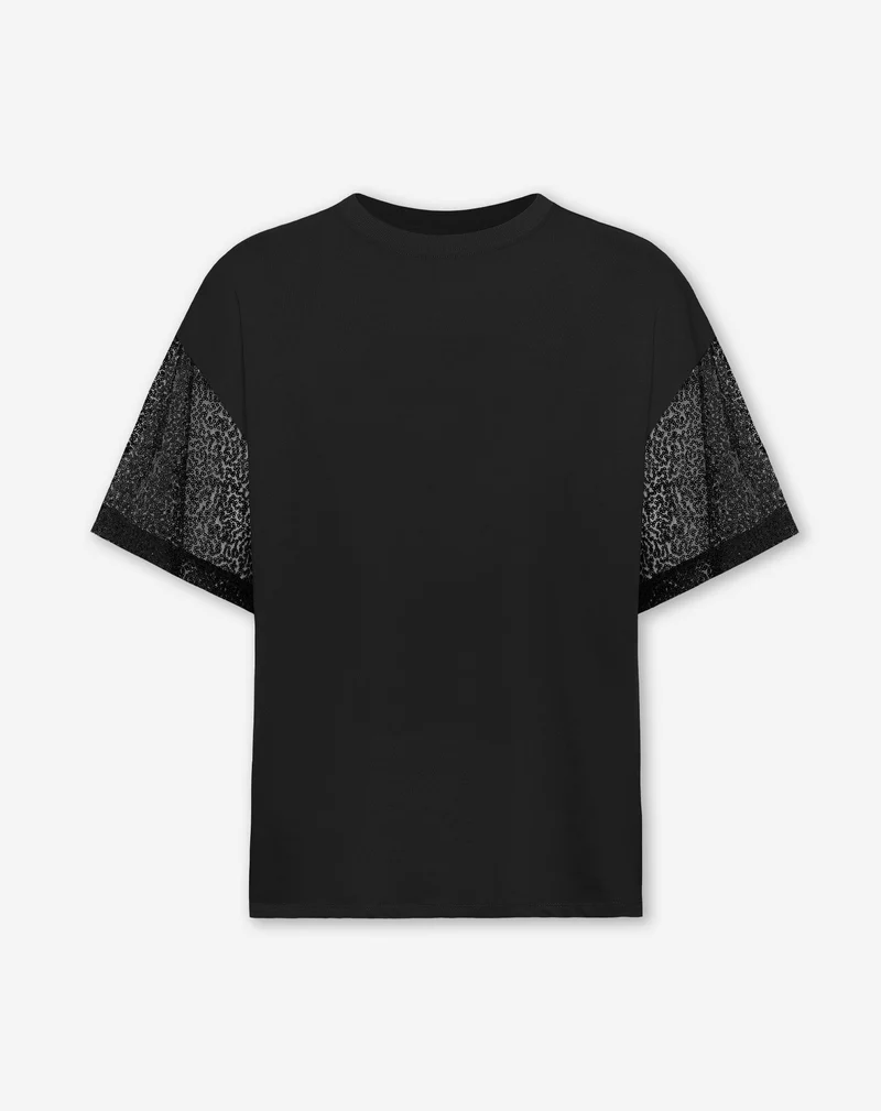 SEQUIN SLEEVE SOLID OVERSIZED TEE ZWART