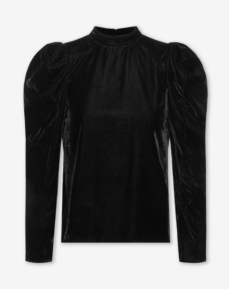 VELVET GLITTER PUFF SLEEVE TOP ZWART
