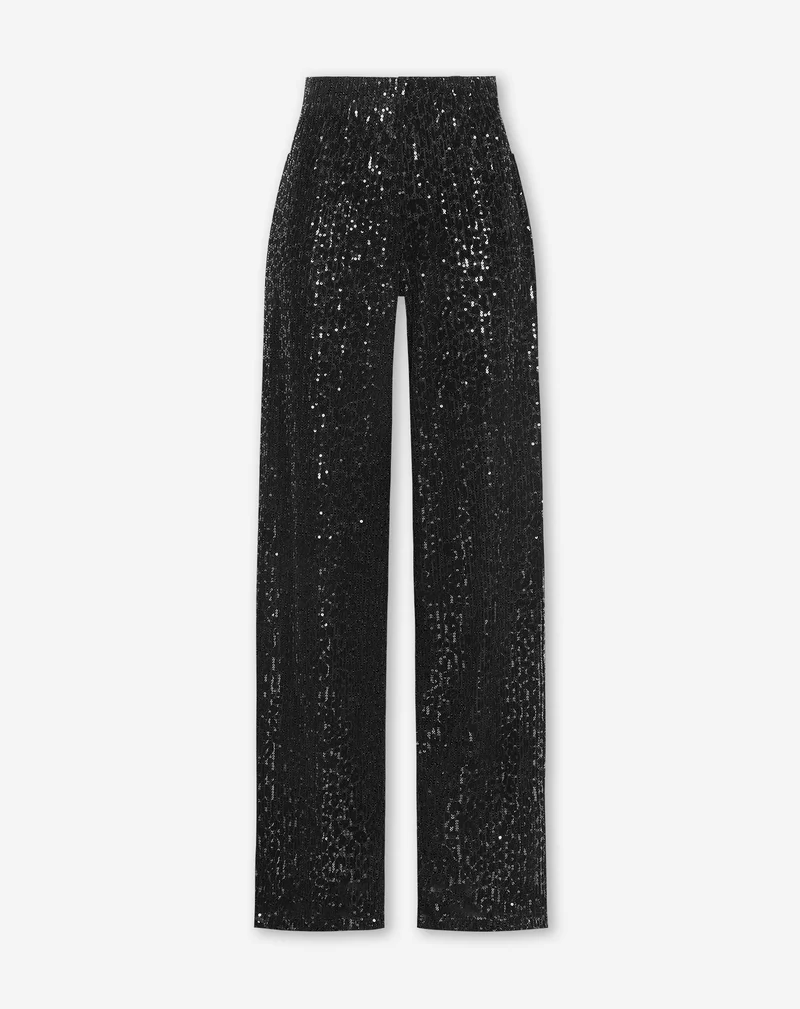 VELVET FLOCK SEQUINS STRAIGHT LEG PANTS ZWART