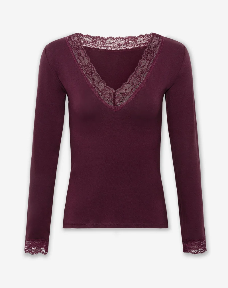 LACE VNECK LONG SLEEVE TOP DONKER BURGUNDY
