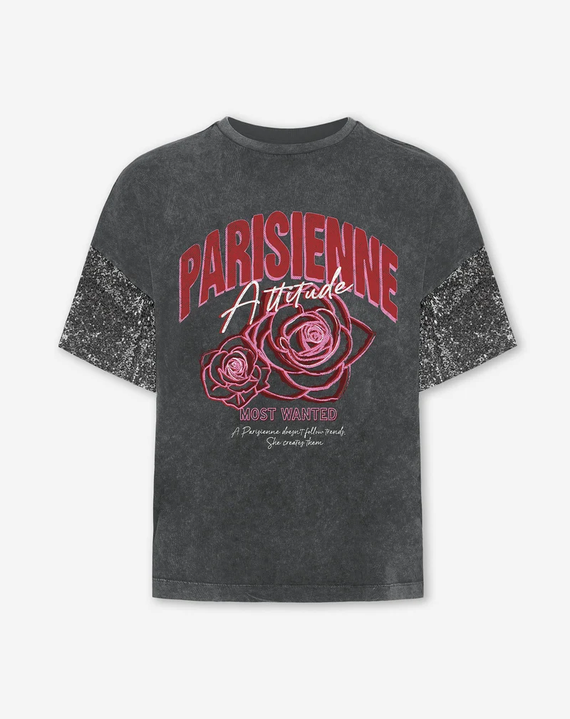 PARISIENNE SEQUIN SLEEVE TEE ACID GRIJS