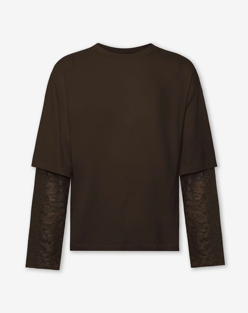 LACE LONG SLEEVE OVERSIZED TEE DONKERBRUIN