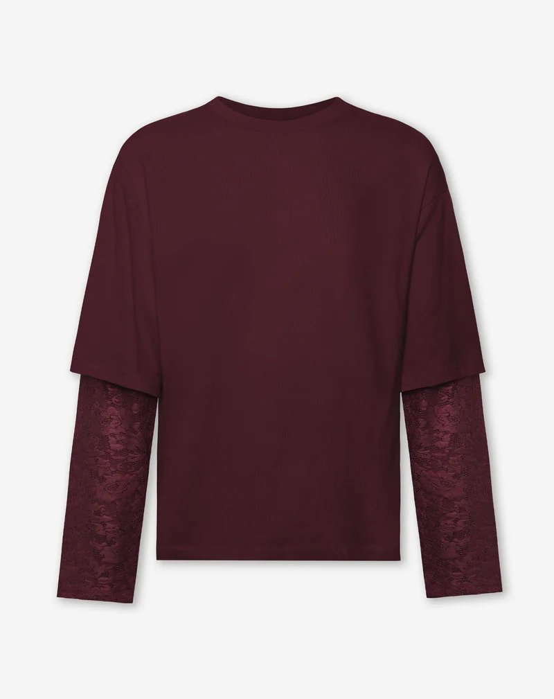 LACE LONG SLEEVE OVERSIZED TEE DONKER BURGUNDY