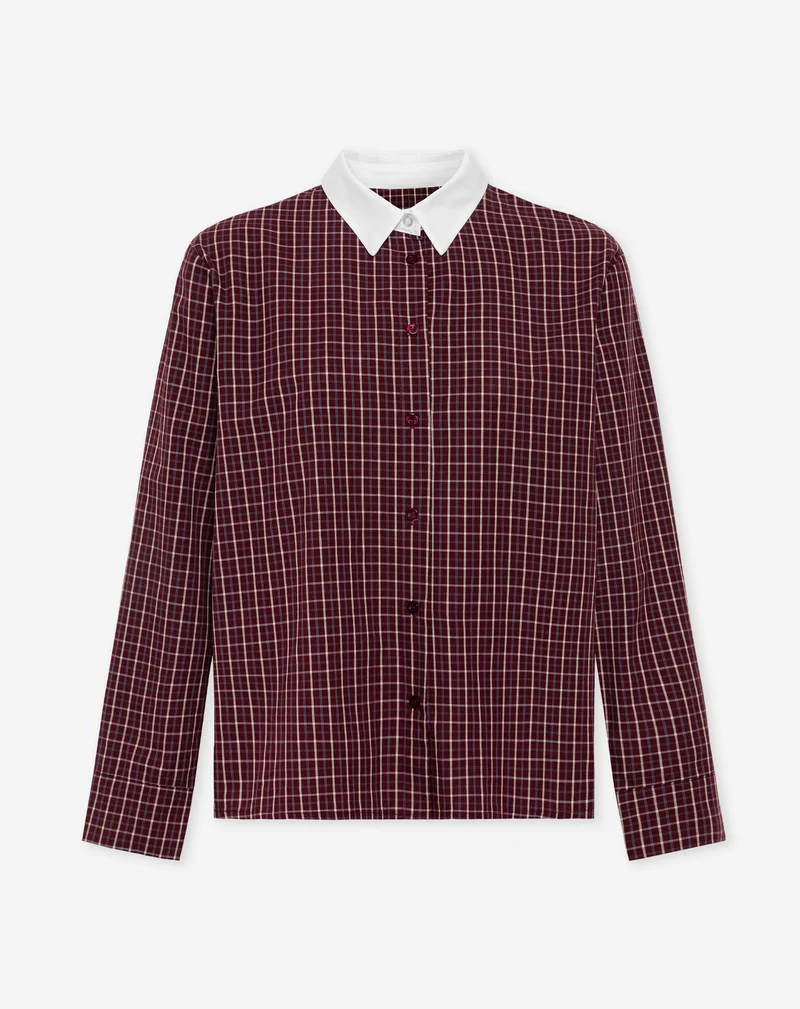 CHECKED CONTRAST COLLAR BLOUSE BURGUNDY