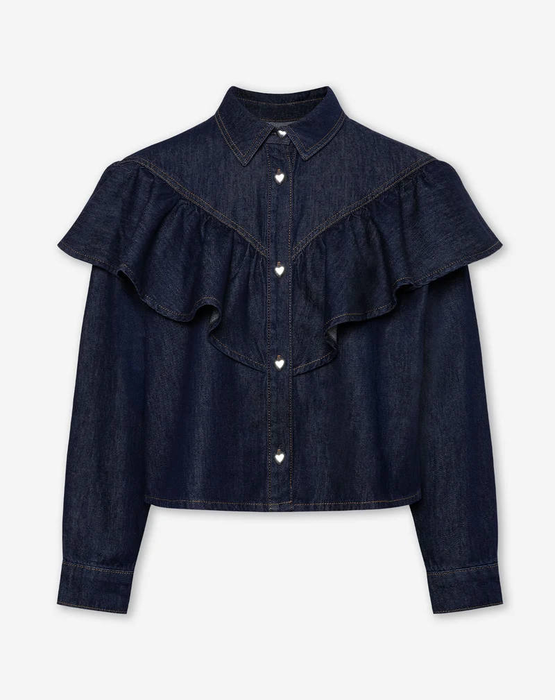 RUFFLE DENIM BLOUSE DONKERBLAUW
