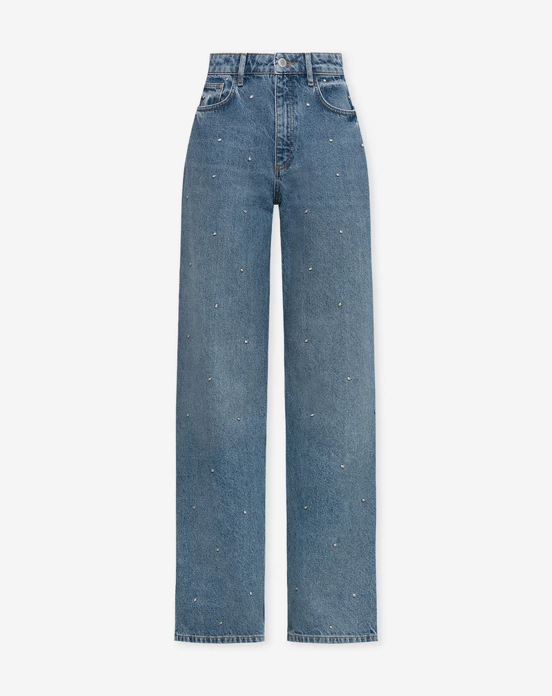 STUD PEARL STRAIGHT LEG JEANS BLAUW