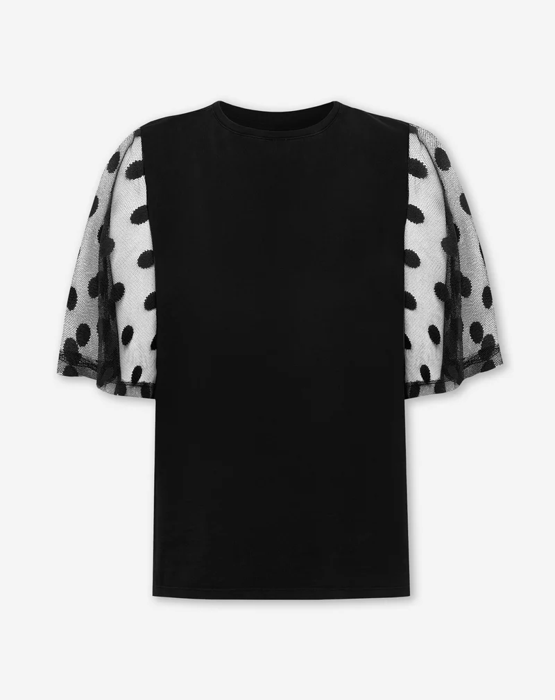 DOT LACE BUTTERFLY SLEEVE TEE ZWART
