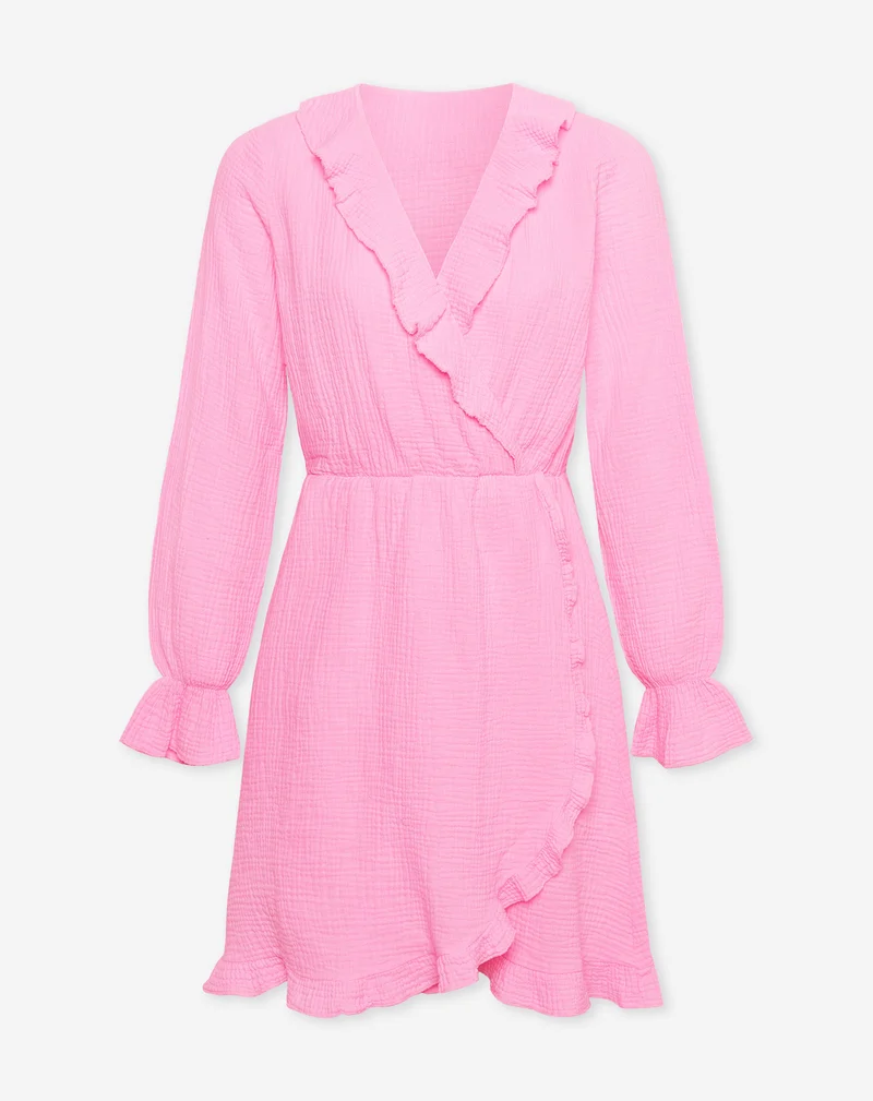 MOUSSELINE RUFFLE V-NECK WRAP DRESS HARD ROZE