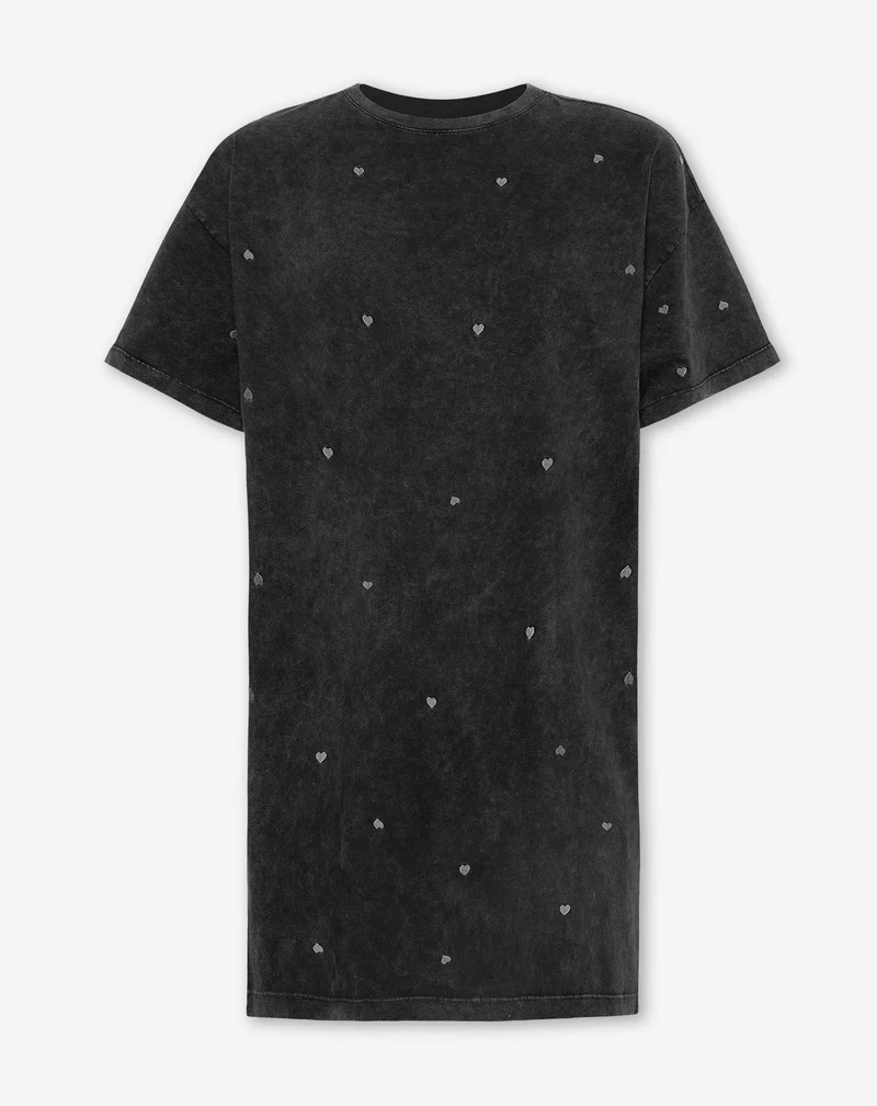 HEART EMBROIDERY TEE DRESS ACID GRIJS