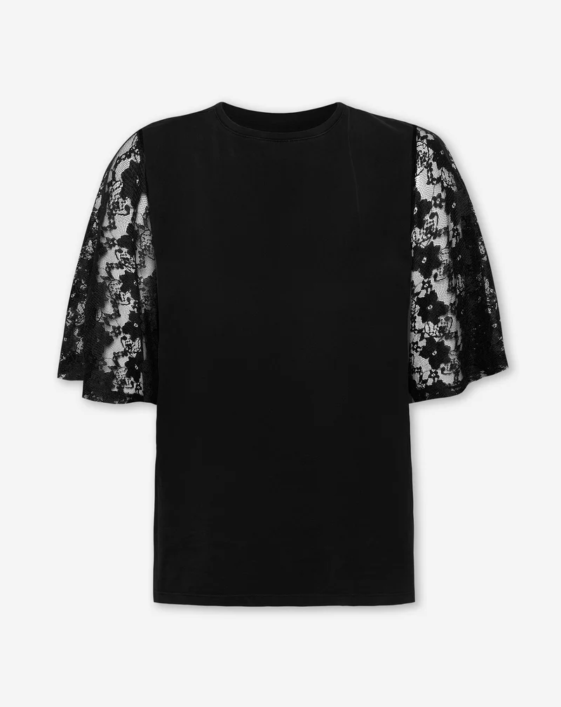 LACE BUTTERFLY SLEEVE TEE ZWART