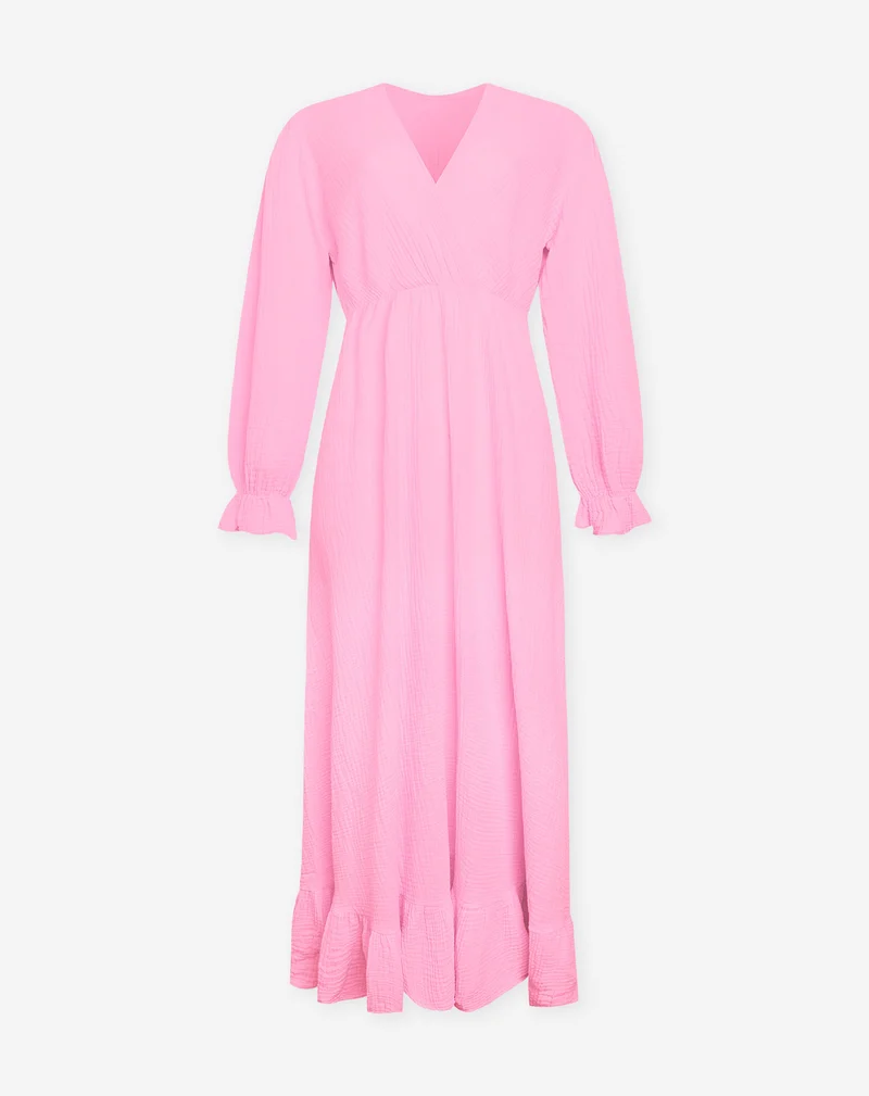 MOUSSELINE MAXI RUFFLE DRESS HARD ROZE