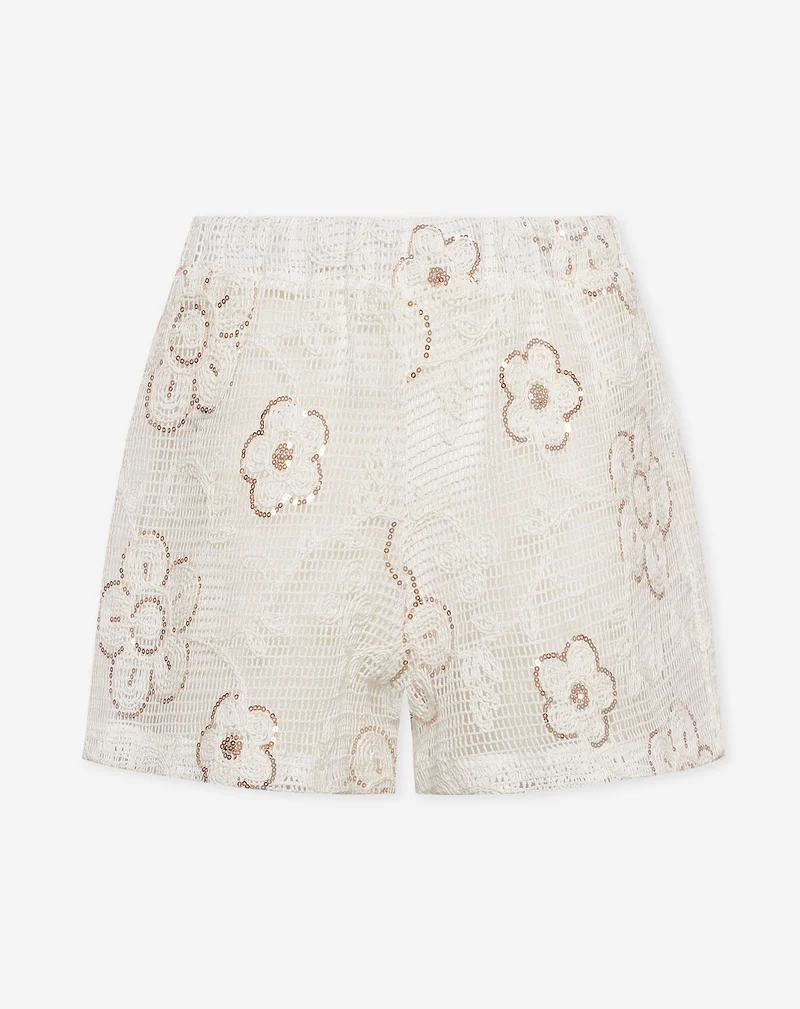 FLOWER SEQUIN CROCHET SHORTS CRÈME