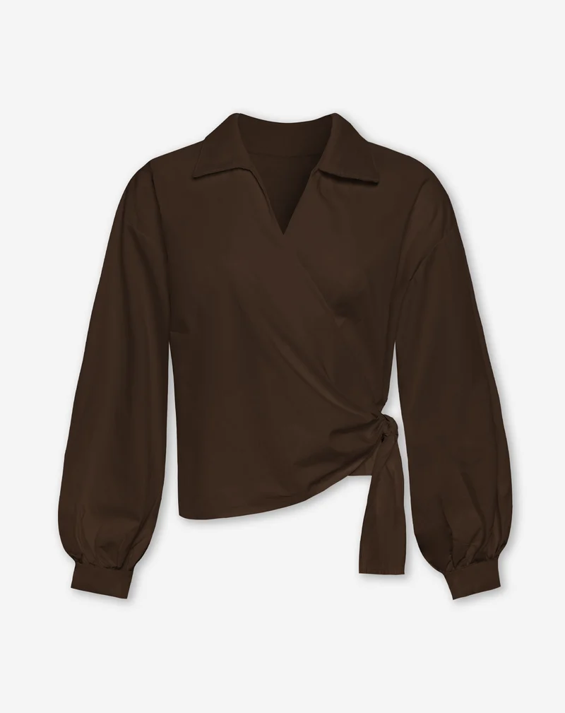 POPLIN WRAP KNOT BLOUSE BRUIN