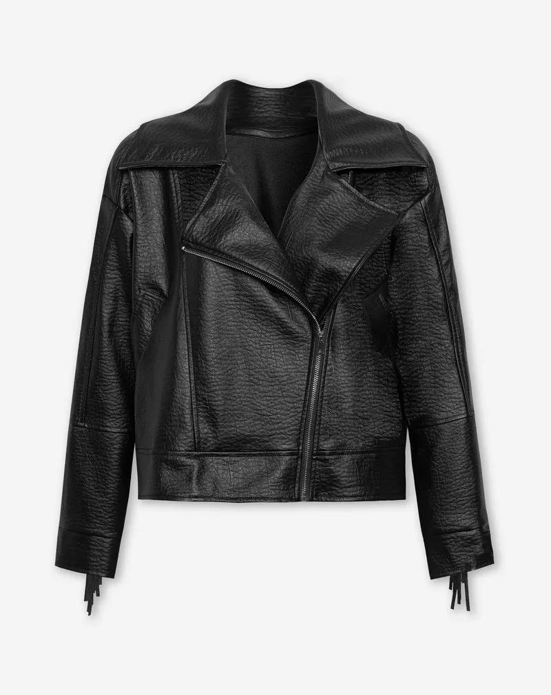 FAUX LEATHER FRINGE JACKET ZWART