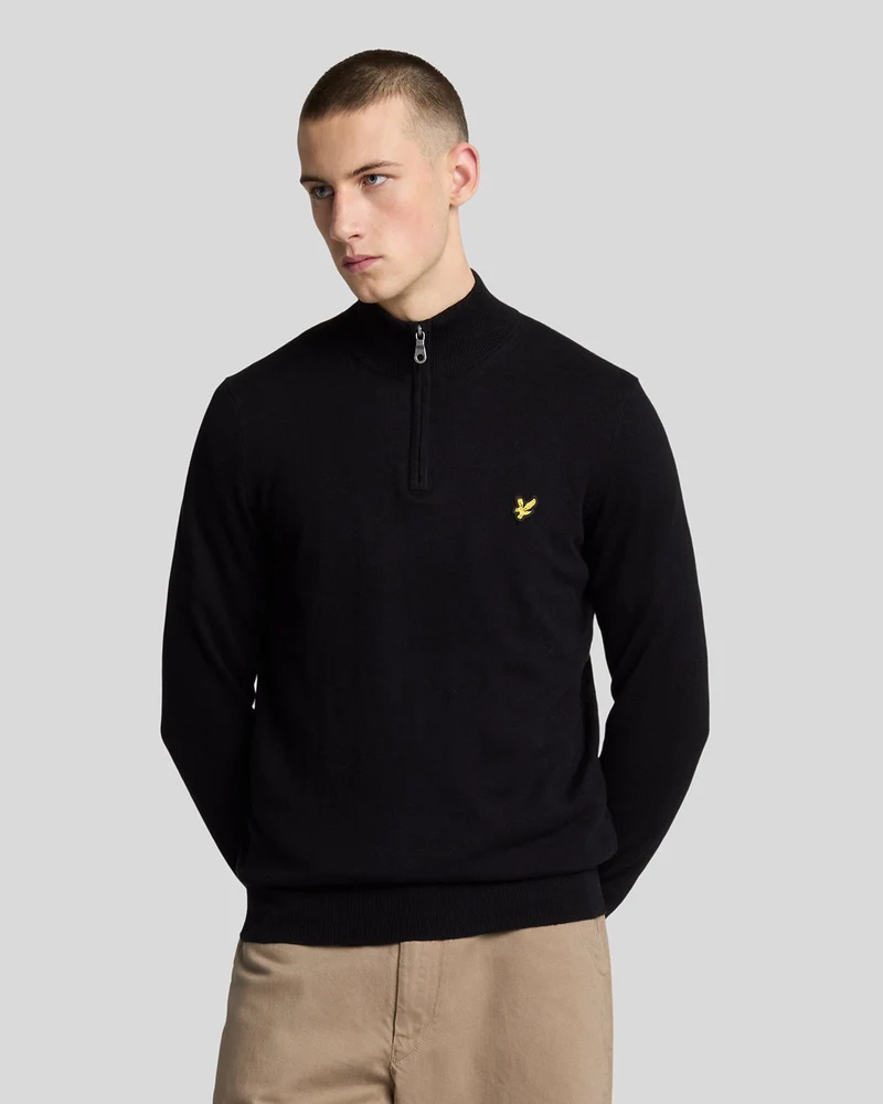 Lyle & Scott Heren katoenen merinowollen trui met 1/4 rits | Gitzwart
