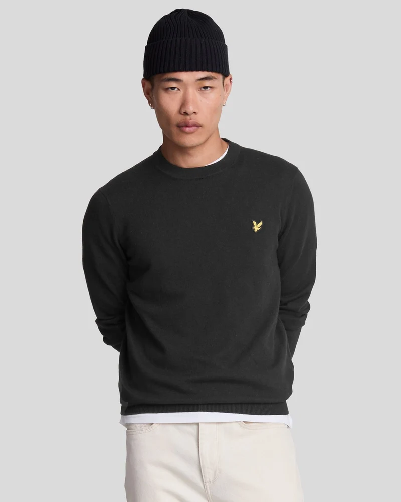 Lyle & Scott Heren trui met ronde hals van katoen-merinowol | Gitzwart