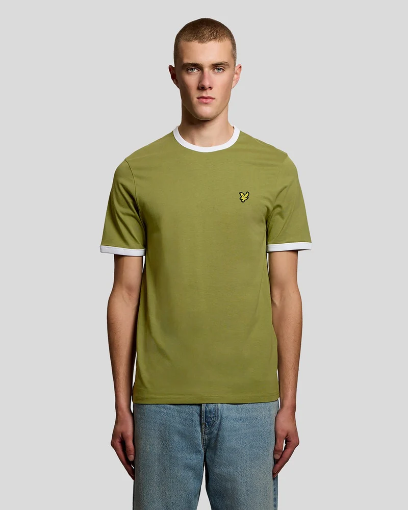 Lyle & Scott Heren T-shirt met contrasterende boord | Struikgroen Wit