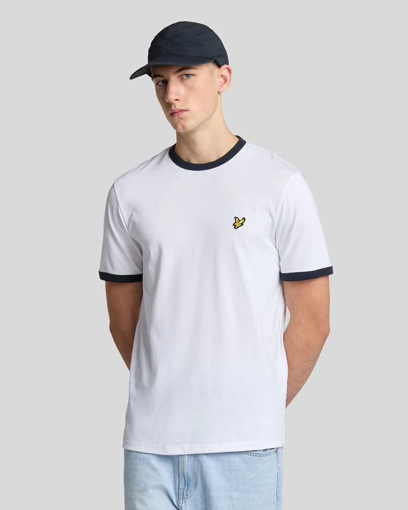 Lyle & Scott Heren T-shirt met contrasterende boord | Wit Donkerblauw