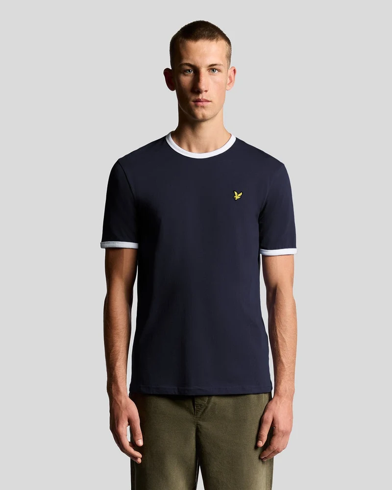 Lyle & Scott Heren T-shirt met contrasterende boord | Donkerblauw wit